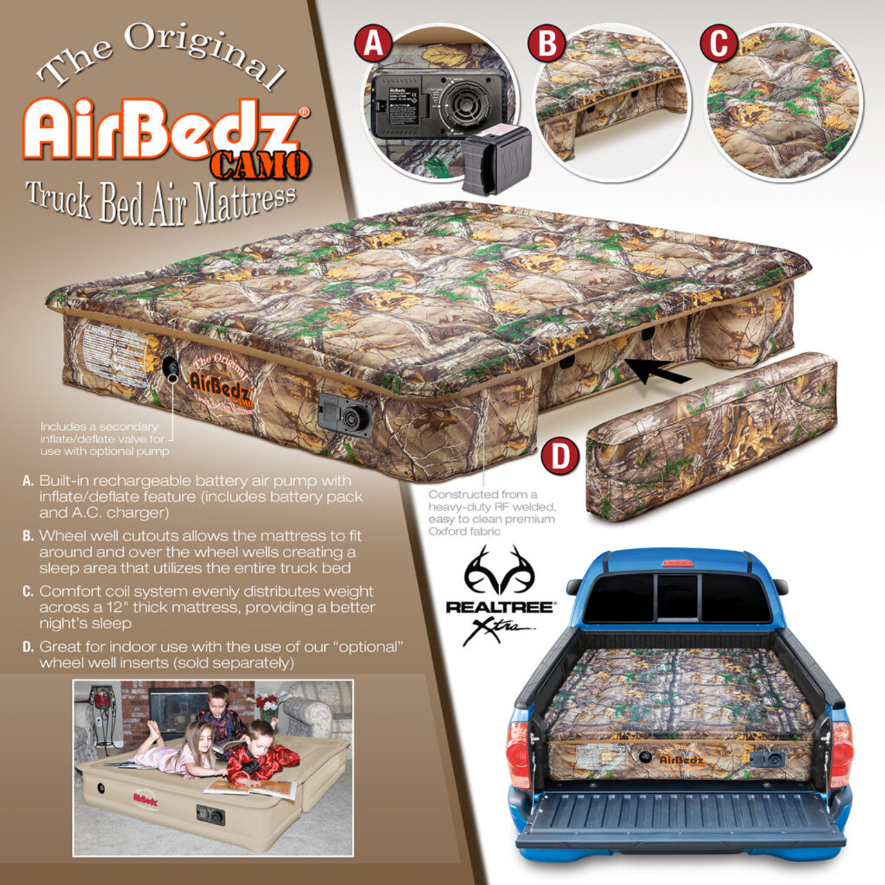 AirBedz Inflatable Air Mattress Mid-Size Truck Beds, 5-5.8' Bed, Camo, Built in Pump, Rechargeable Battery | PPI-405