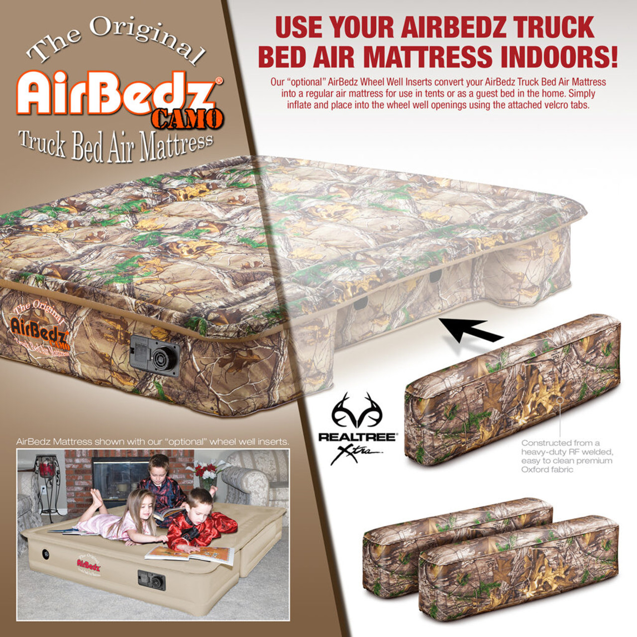 AirBedz Inflatable Air Mattress Mid-Size Truck Beds, 5-5.8' Bed, Camo, Built in Pump, Rechargeable Battery | PPI-405