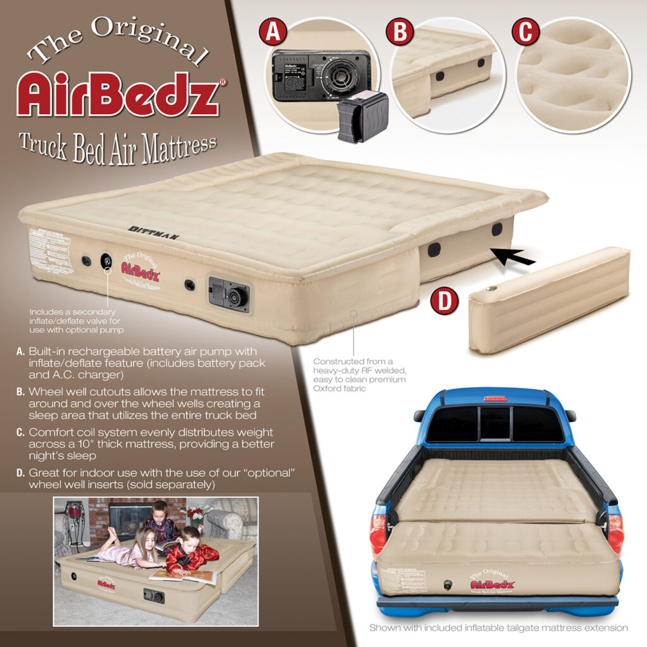 AirBedz Inflatable Air Mattress Mid-Size Truck Beds, 6-6.5' Bed, Tan, Built in Pump, Rechargeable Battery | PPI-503