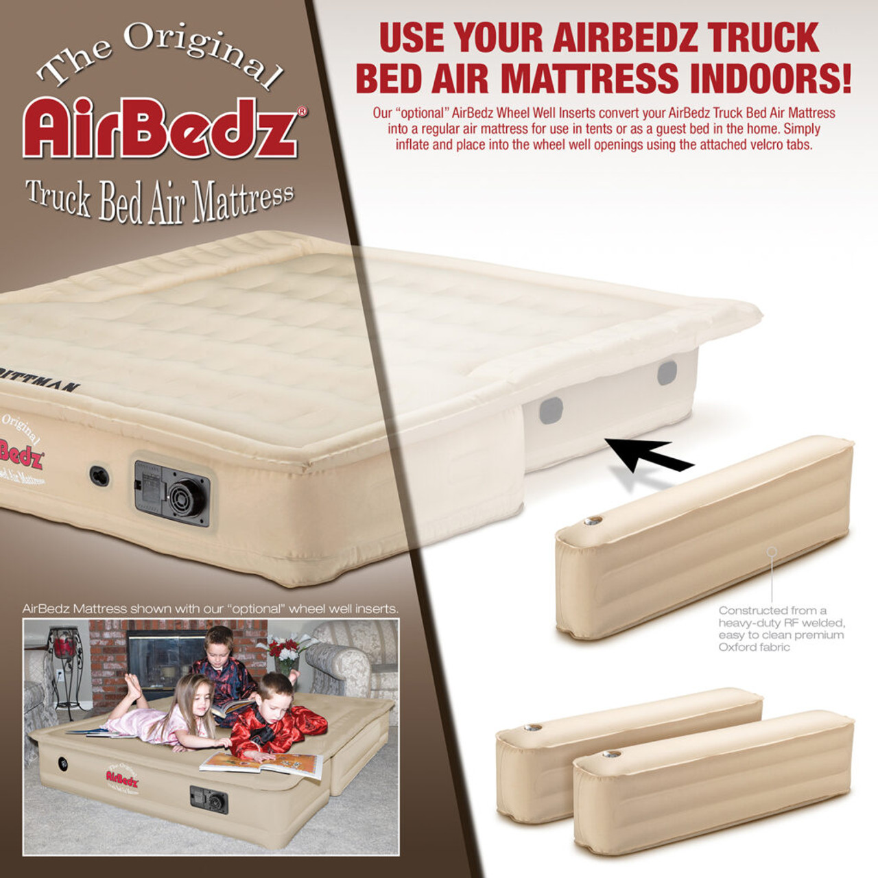 AirBedz Inflatable Air Mattress Mid-Size Truck Beds, 6-6.5' Bed, Tan, Built in Pump, Rechargeable Battery | PPI-503