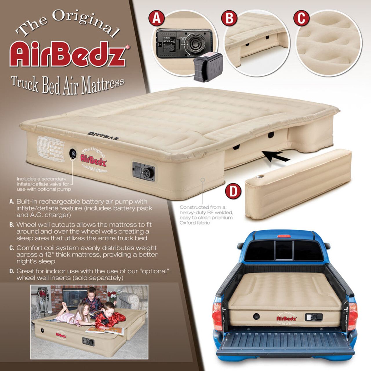 AirBedz Inflatable Air Mattress Mid-Size Truck Beds, 5-5.8' Bed, Tan, Built in Pump, Rechargeable Battery | PPI-505