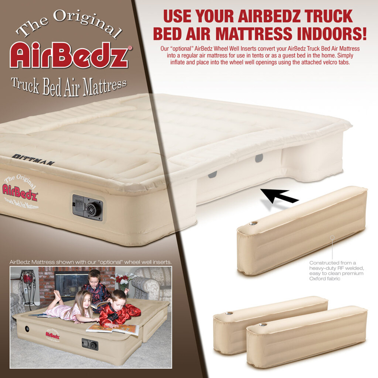 AirBedz Inflatable Air Mattress Mid-Size Truck Beds, 5-5.8' Bed, Tan, Built in Pump, Rechargeable Battery | PPI-505