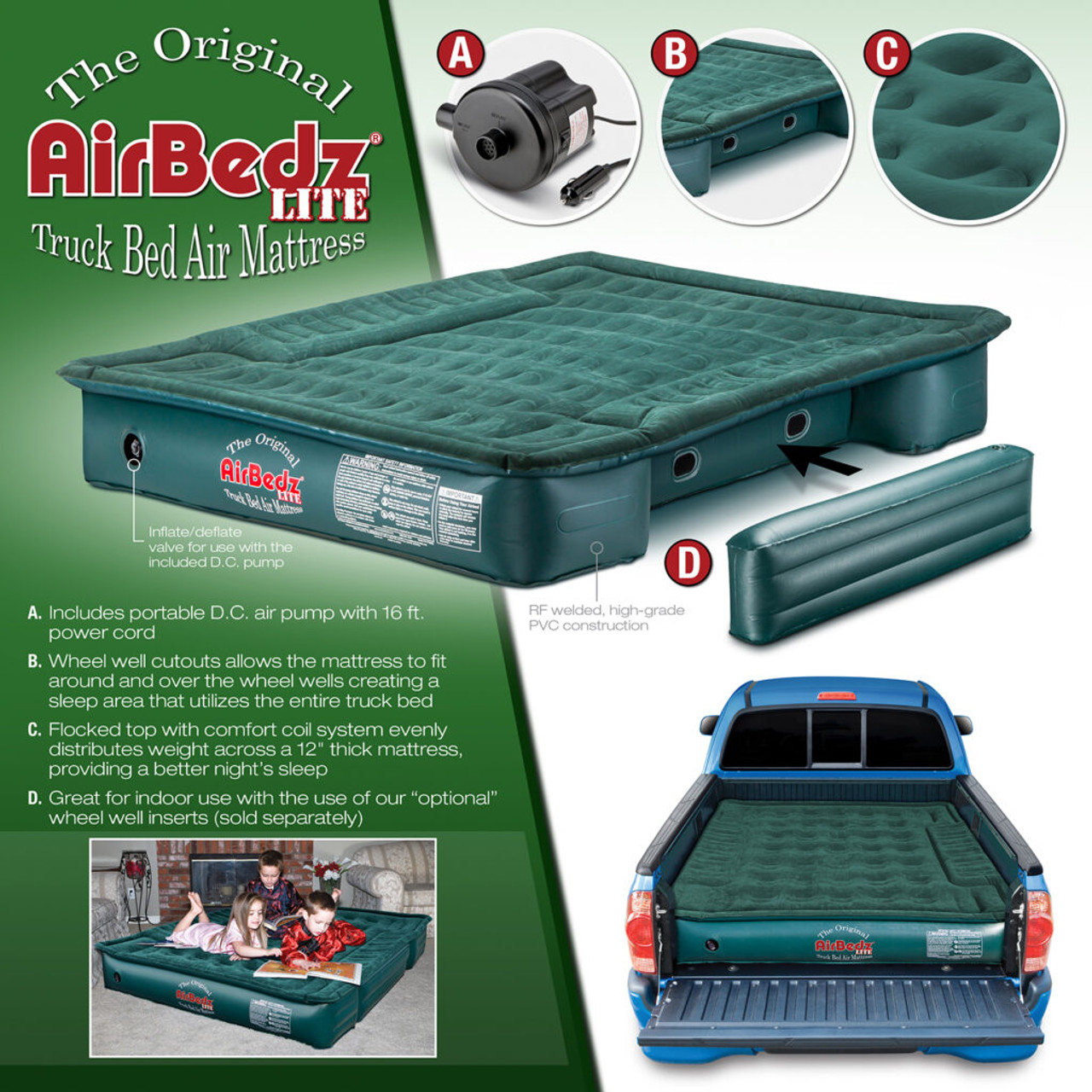 AirBedz Lite Mid-Size Air Matress Truck Bed, 6-6.5' Bed, Portable DC Air Pump, 16' Cord | PPI-PV203C