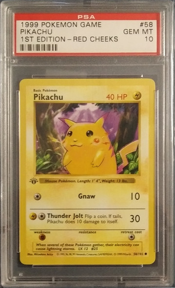 1999 Pokémon Game 58 Pikachu 1st Edition-Red Cheeks PSA Graded, Graded Pokemon Cards, Graded Pokemon, Pokemon Cards, Pokemon Trading Cards, Vintage Pokemon Cards, 1St Edition Pokemon Cards