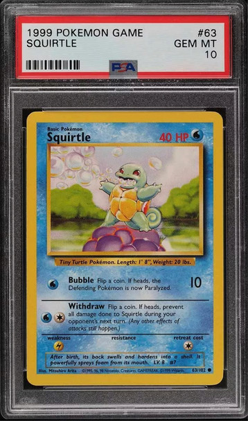 1999 Pokémon Game 63 Squirtle PSA Graded, Graded Pokemon Cards, Graded Pokemon, Pokemon Cards, Pokemon Trading Cards, Vintage Pokemon Cards, 1St Edition Pokemon Cards