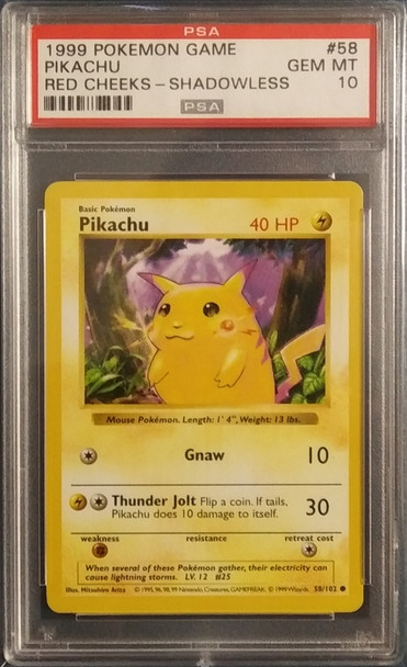 1999 Pokémon Game 58 Pikachu Red Cheeks Shadowless PSA Graded