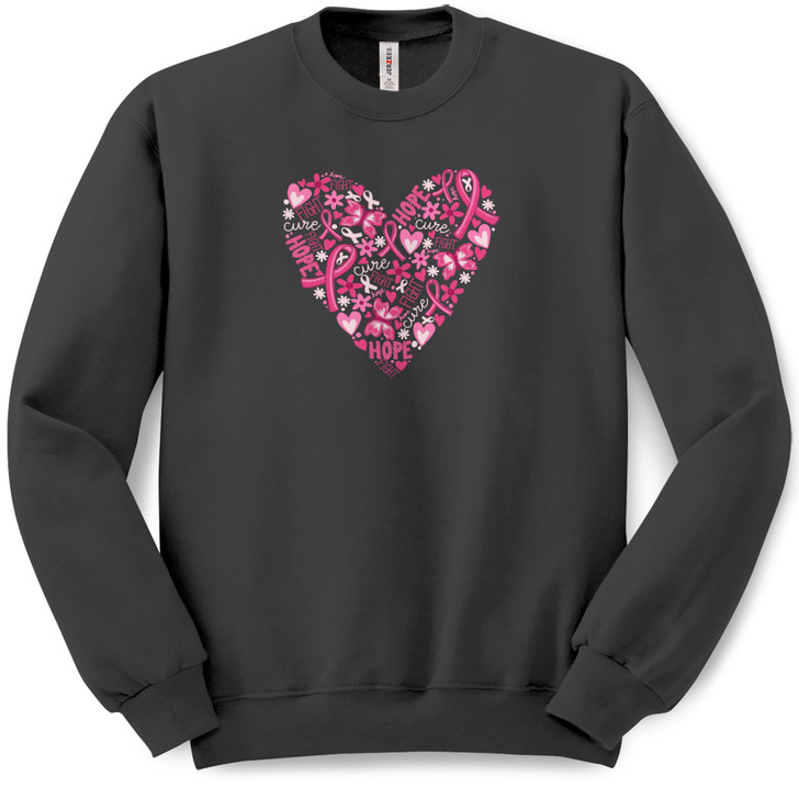 Breast Cancer Heart Pullover Crew Neck Sweatshirt (Black)