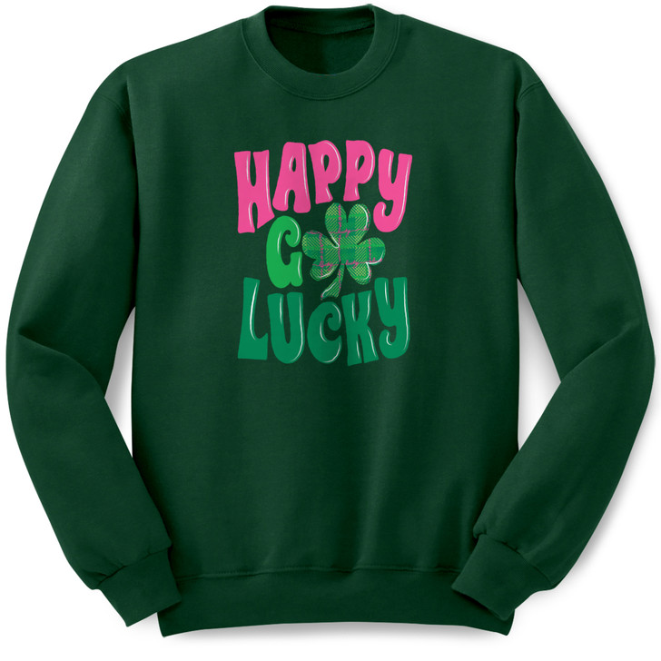 Happy Go Lucky Pullover Crew Neck Sweatshirt (Forest Green)