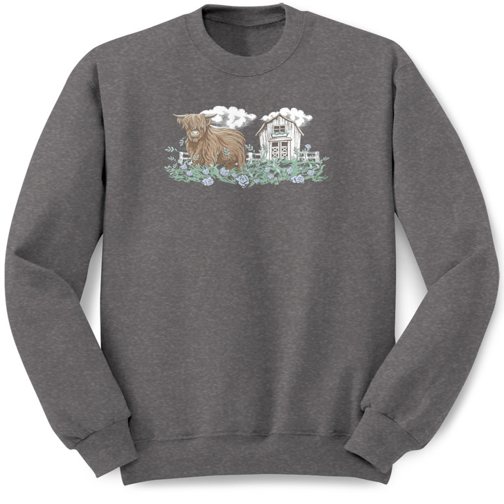 Highland Cow With Barn Pullover Crew Neck Sweatshirt (Charcoal Heather)