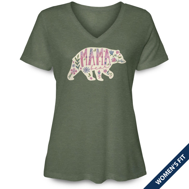 Mama Bear Women's Short Sleeve Premium V-Neck Tee (Military Green Heather)