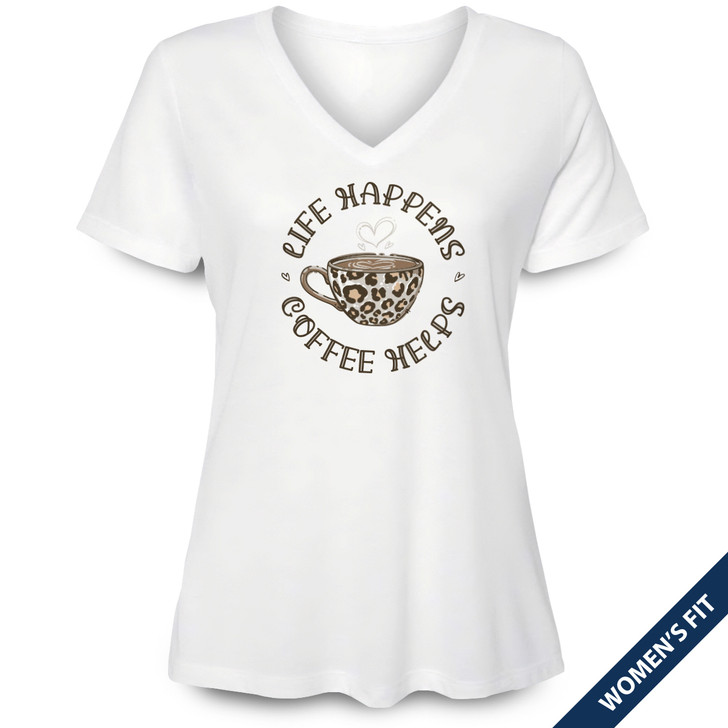 Life Happens Coffee Helps Women's Short Sleeve Premium V-Neck Tee (White)