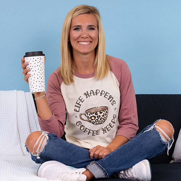 Life Happens Coffee Helps Premium Baseball Tee (Sweet Cream/Heather Mauve)