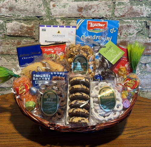 Easter gift basket containing plenty of easter treats and snacks