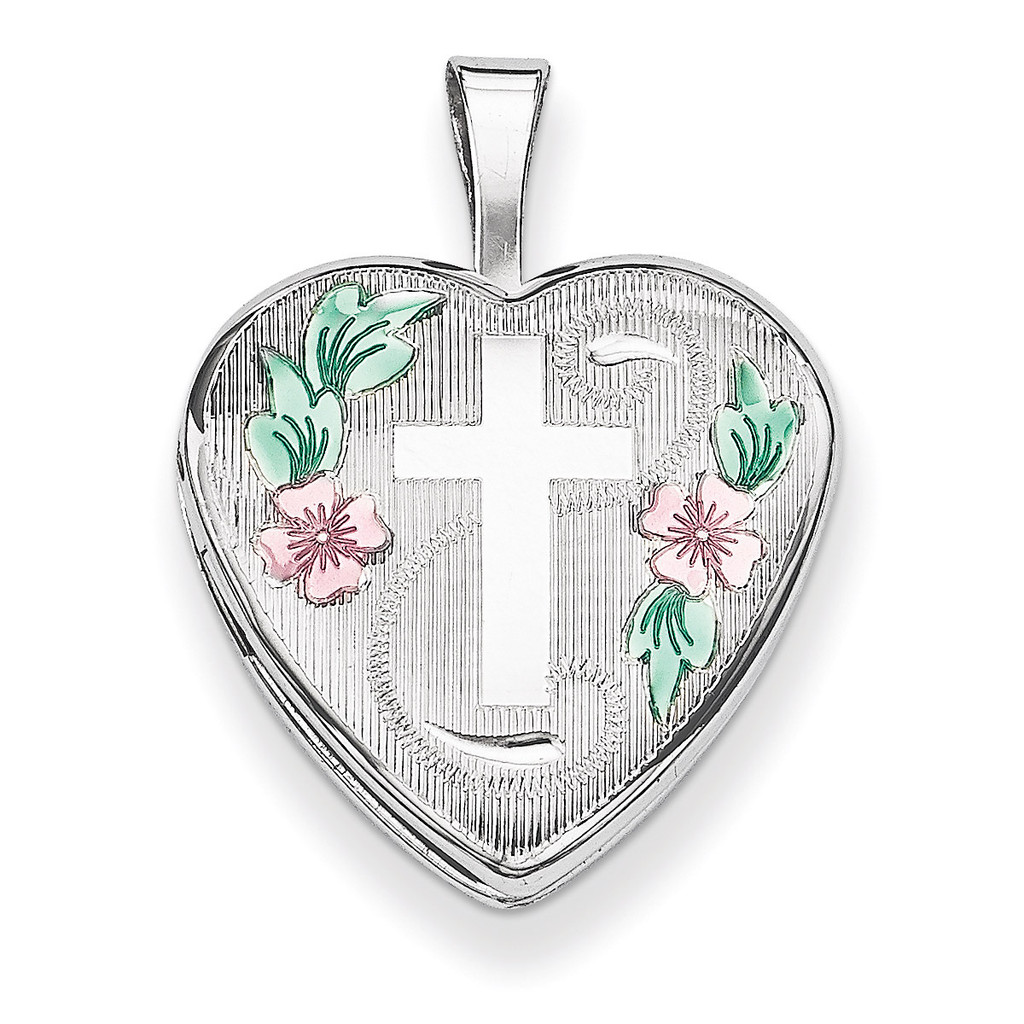 Sterling Silver Enameled Flowers on Cross Heart Pendant