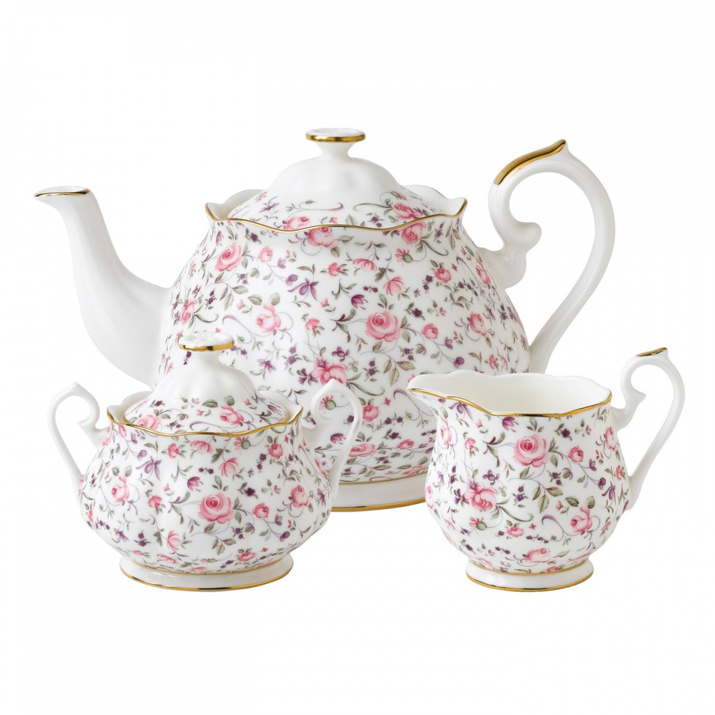 Royal Albert Rose Confetti 3-Piece Set Teapot, Sugar & Creamer