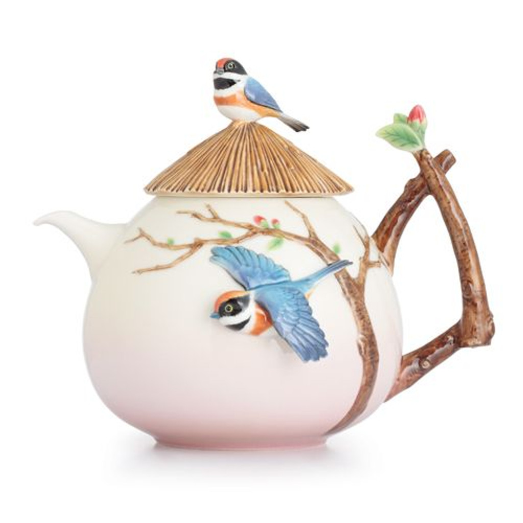 Franz Porcelain Black-Throated Passerine Bird Design Sculptured Porcelain Teapot FZ02745