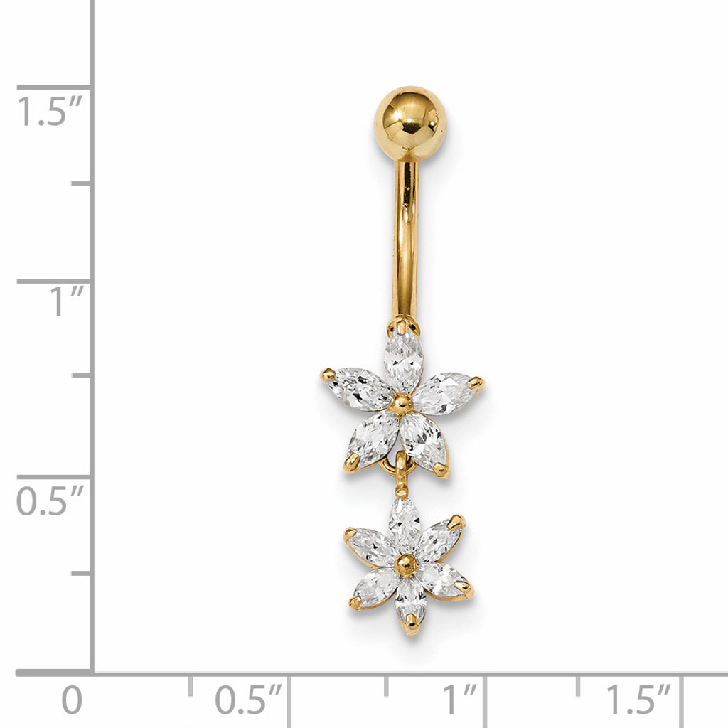 CZ Diamond 2-Flower Dangle Belly Ring 14k Gold BD143