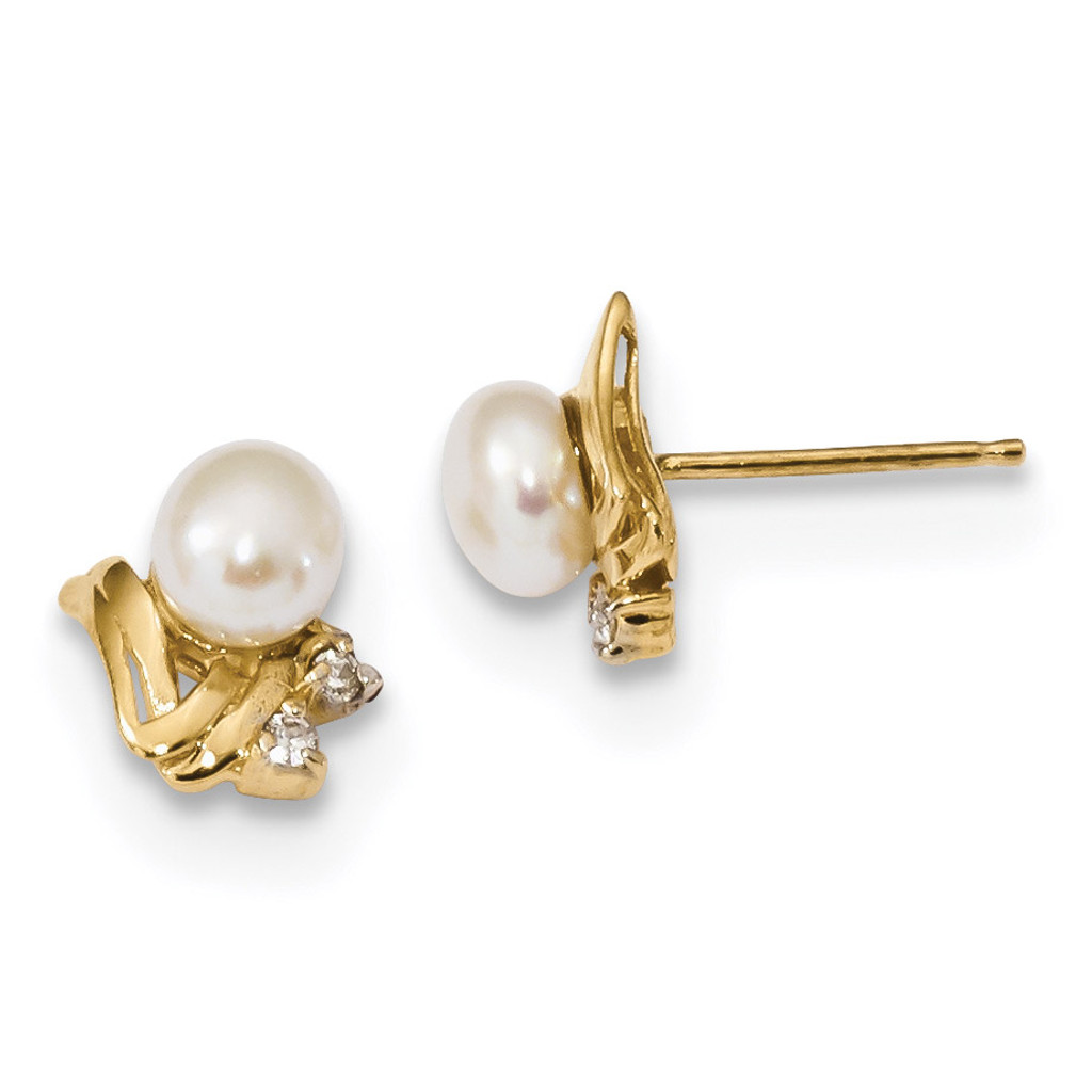 5-6mm Diamond & White Button Freshwater Cultured Pearl Post Earrings 14k Gold MPN: XF600E