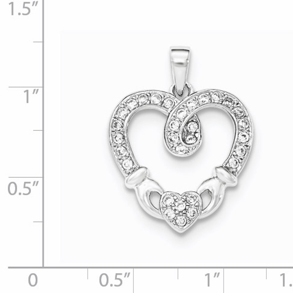 CZ Diamond Heart Claddagh Pendant Sterling Silver Rhodium-plated QP4450