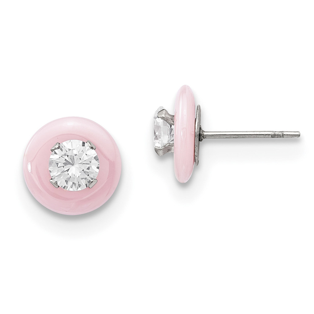 Pink Ceramic with Diamond CZ Post Earrings Stainless Steel Polished, MPN: SRE1065, UPC: 191101853876 by Chisel Jewelry