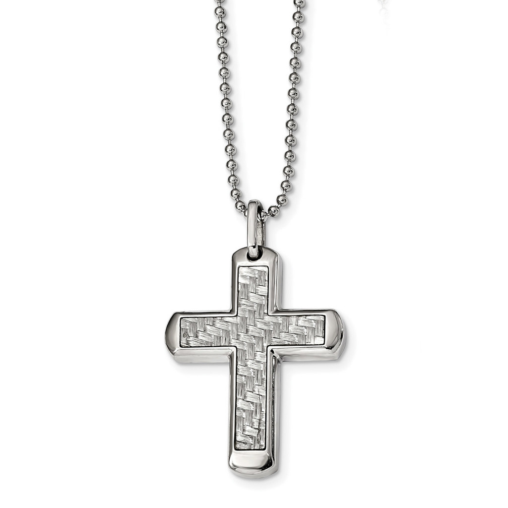 Grey Carbon Fiber Inlay 22 inch Cross Necklace Stainless Steel Polished, MPN: SRN2387-22, UPC: 191101854903 by Chisel Jewelry