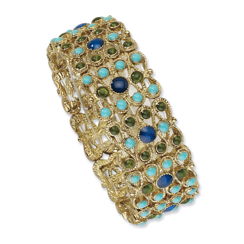 1937 Boutique Jewelry Fashion Blue & Green Crystal Aqua Enamel Stretch Bracelet Brass-tone BF1061
