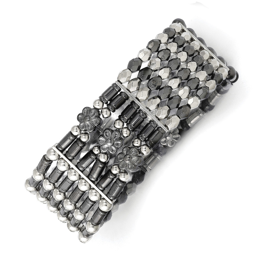 Black-Plated Acrylic Beads Stretch Bracelet Silver-tone, MPN: BF1127, UPC: 119966344766
