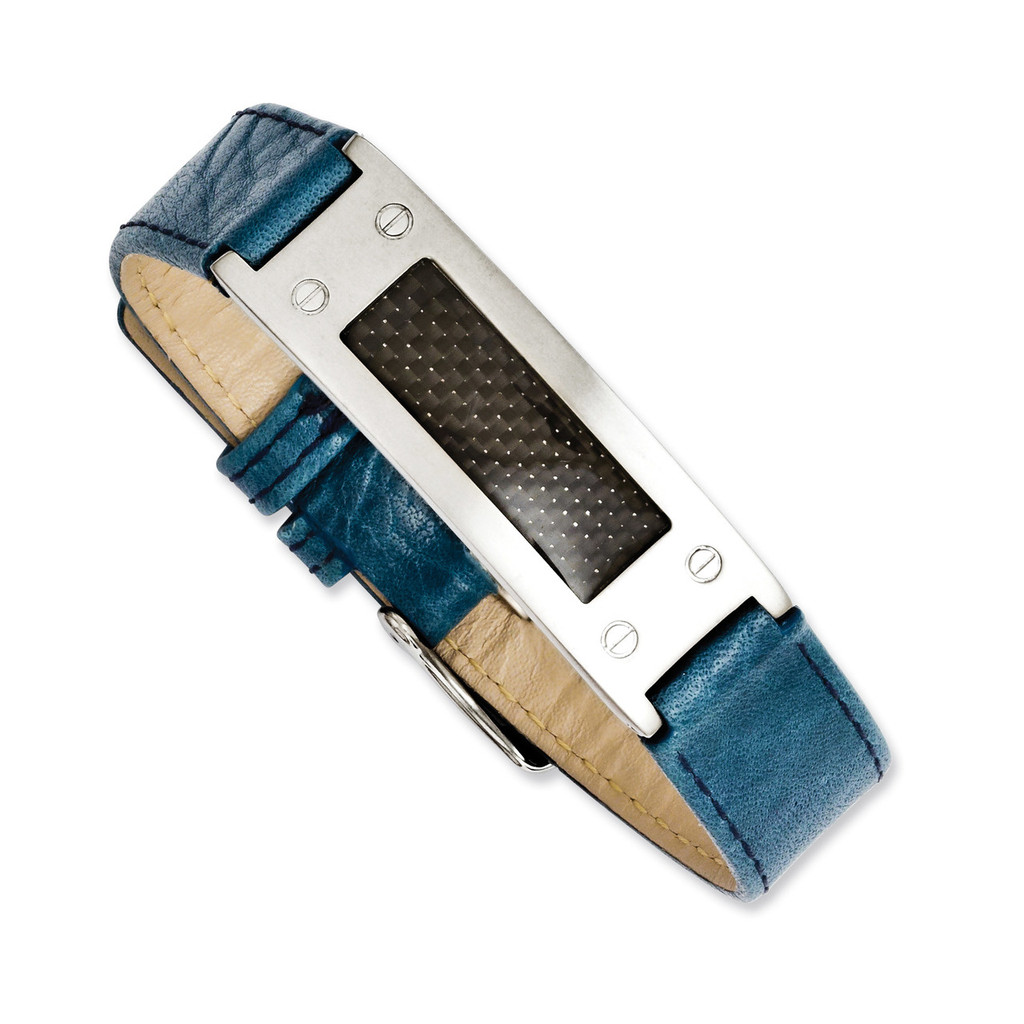 Textured Blue Leather with Carbon Fiber Inlay Buckle Bracelet Stainless Steel MPN: SRB1120-8.25