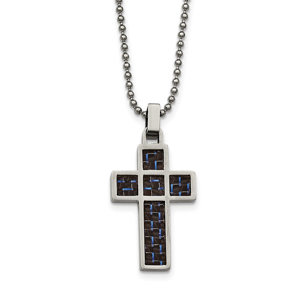 Chisel Black/Blue Carbon Fiber Inlay Cross 20 Inch Necklace Stainless Steel Polished, MPN: SRN2024-20, UPC: 191101476679