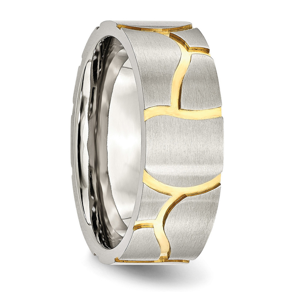 Grooved Yellow IP-plated Mens 8mm Brushed Band - Stainless Steel SR58