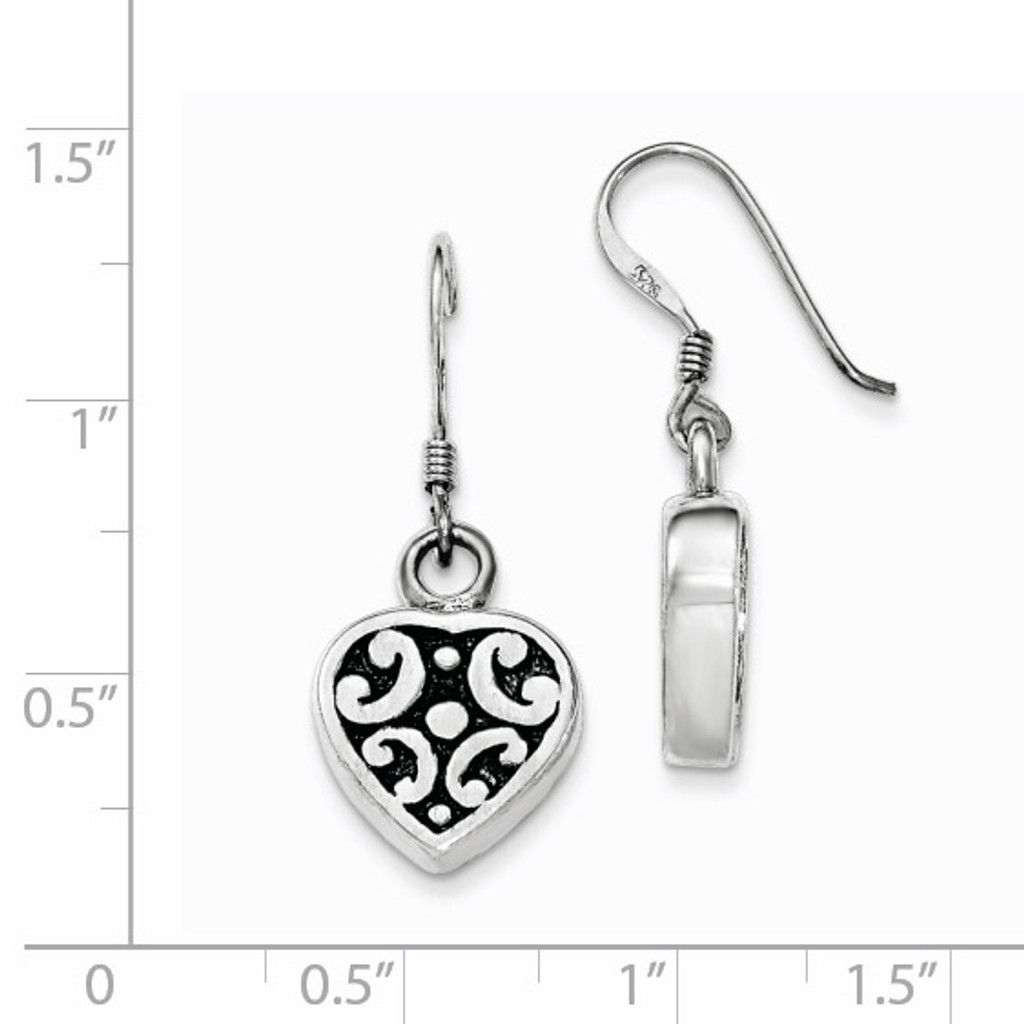 Polished & Antiqued Heart Dangle Shepherd Hook Earrings Sterling Silver QE11893
