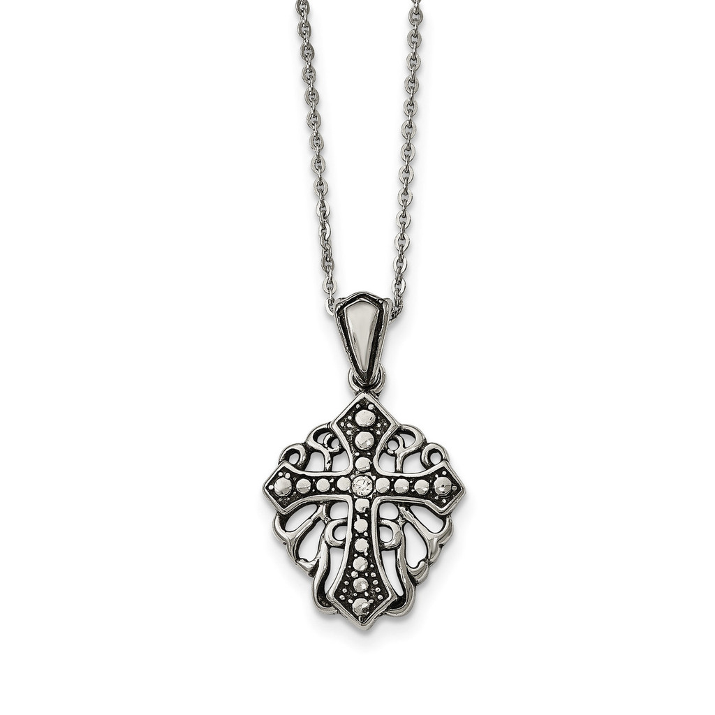 Antiqued and Polished with Crystal Cross Necklace Stainless Steel MPN: SRN1905-18 UPC: 191101851094
