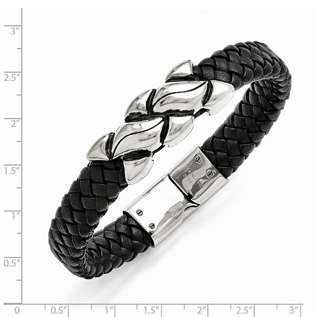 Antiqued Black Leather Bracelet - Stainless Steel SRB1472