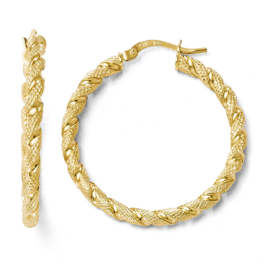 Polished and Textured Twisted Hinged Hoop Earrings - 10k Gold 10LE182 by Leslie's Jewelry