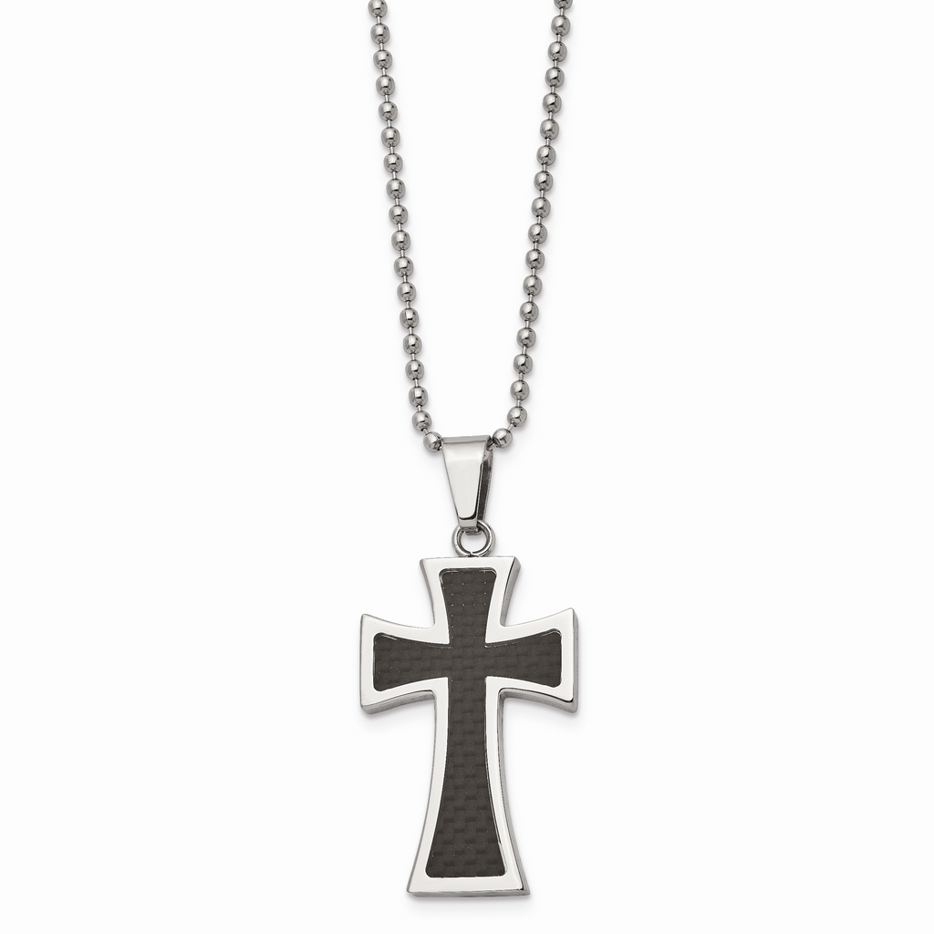 Chisel Carbon Fiber Inlay 22 Inch Cross Necklace Stainless Steel Polished SRN110-22