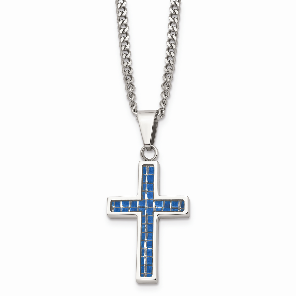 Chisel Blue Carbon Fiber Inlay Polished Small Cross Necklace Stainless Steel SRN1301-20