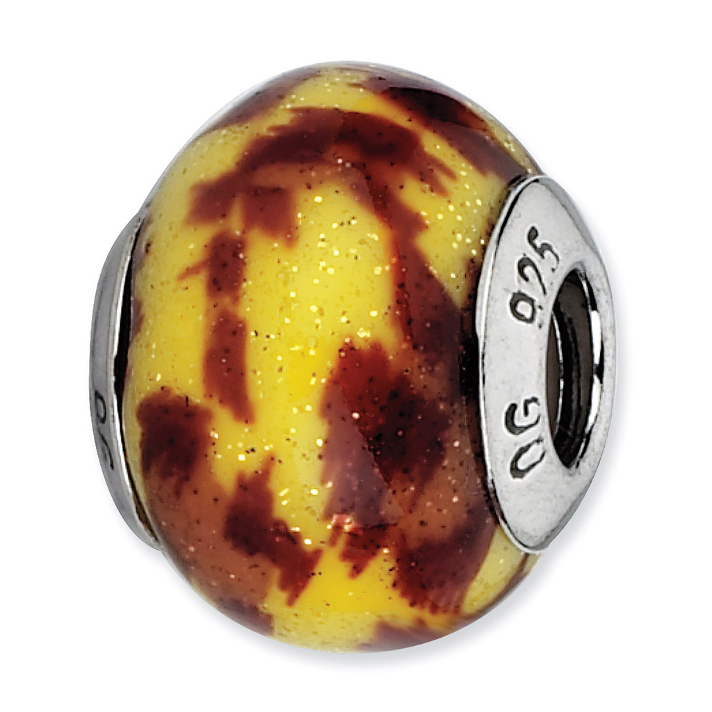 Yellow & Brown Glitter Overlay Glass Bead - Sterling Silver QRS2266