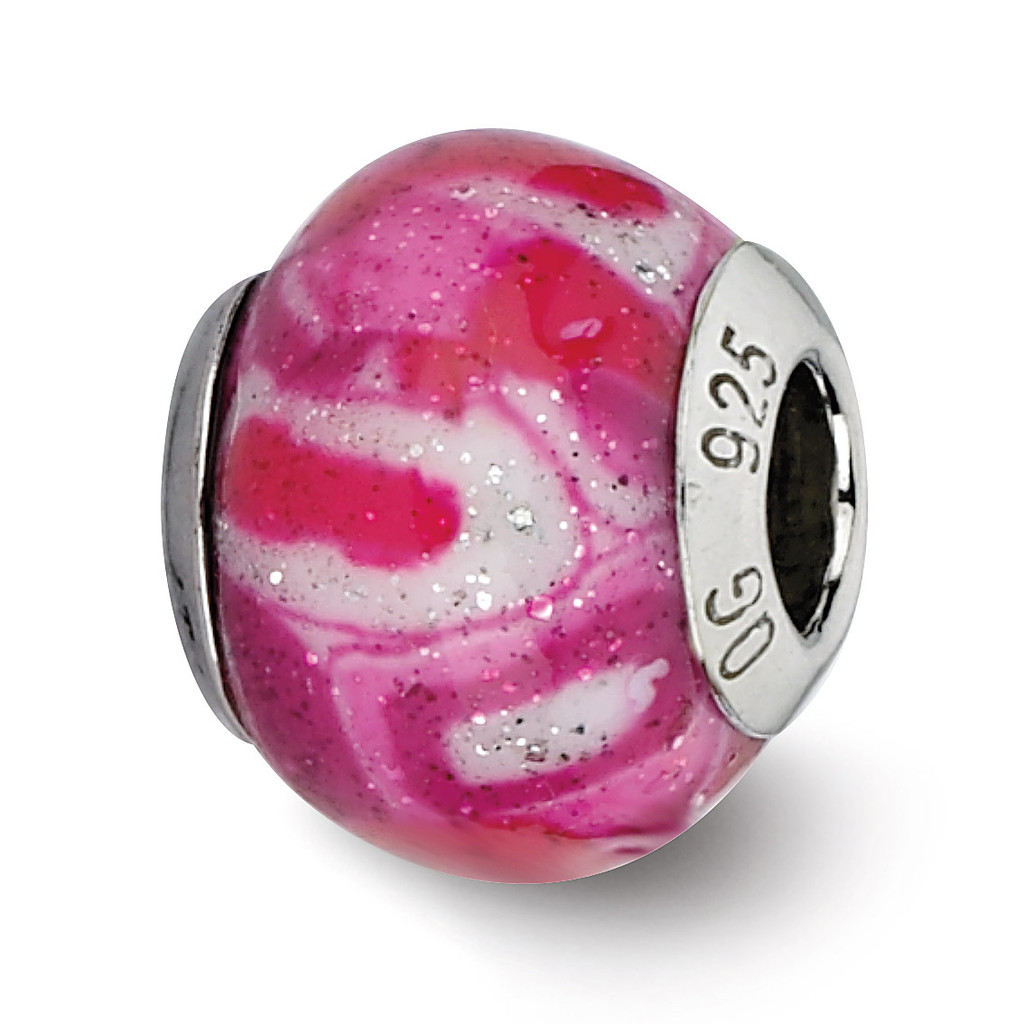 Hot Pink with Glitter Overlay Glass Bead - Sterling Silver QRS2272