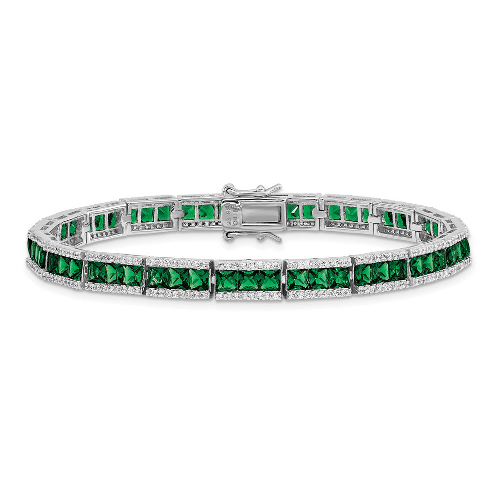 Cheryl M Princess-Cut Green Crystal CZ Diamond Bar Bracelet 7.25 Inch Sterling Silver Rhodium-plated QCM1535-7.25