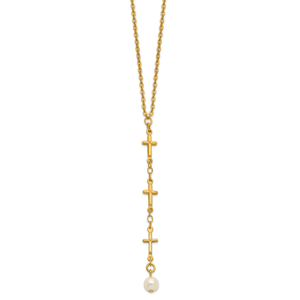 Symbols Of Faith Imitiation Pearl & Triple Cross 16 Inch with 3 Inch Ext. Necklace Gold-tone RF645