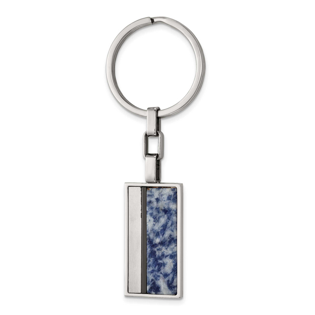 Polished Black Ip with Blue Spot Stone Key Ring Stainless Steel Brushed SRK167