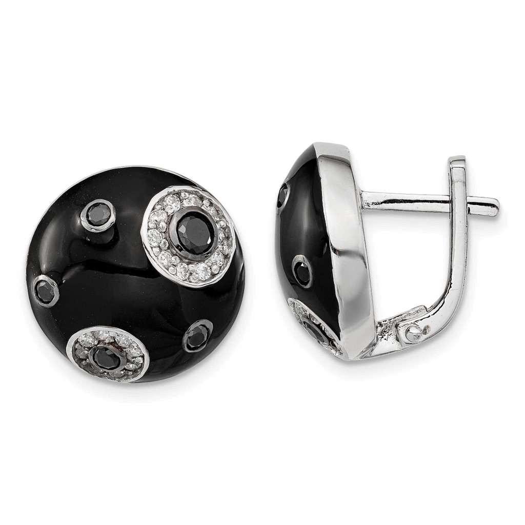 Sterling Silver Polished CZ Black Enameled Omega Back Earrings, MPN: SSCMEI18188, UPC: