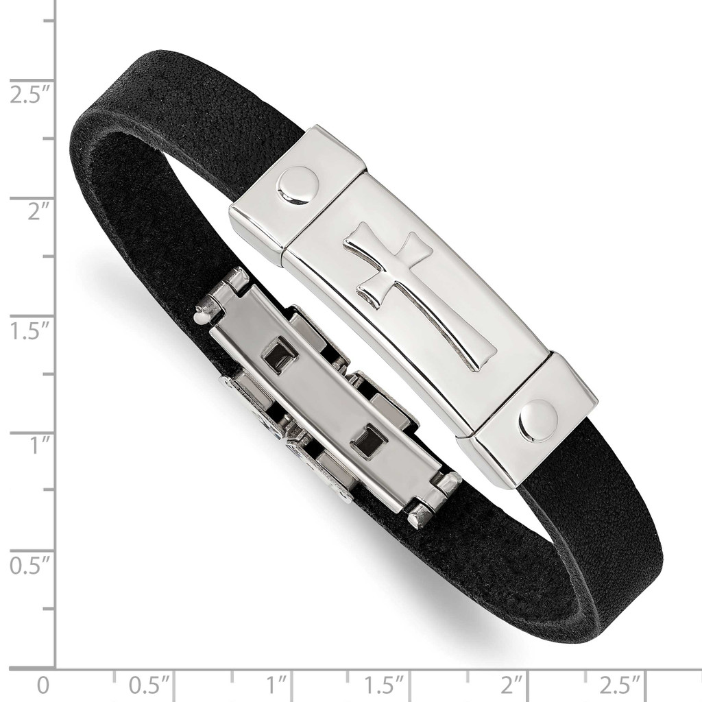 Stainless Steel Polished Black Leather Bracelet with Cross Plate and Deployme SSCMEI18339-7.75