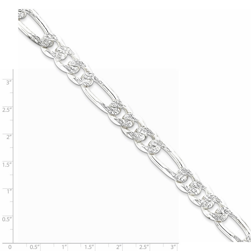 24 Inch 10.5mm Pave Flat Figaro Chain Sterling Silver QFF300-24