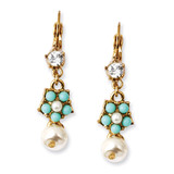1996 Boutique Jewelry Fashion Simulated Pearls & Teal Beads & Crystal Leverback Earrings Gold-tone BF1724 1996 Boutique Jewelry Fashion Simulated Pearls & Teal Beads & Crystal Leverback Earrings Gold-tone BF1724