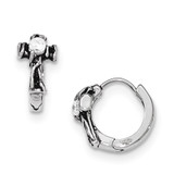 Antiqued Polished with CZ Cross Hinged Hoop Earrings Stainless Steel MPN: SRE914 UPC: 886774258430
