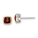 Sterling Silver with 14k Gold Accent Garnet Square Stud Earrings, MPN: QTC1724, UPC: