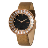 Moog Crystal Bezel Black Dial Watch with (ME-GRG) Brown Band - Rose-plated