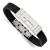 Stainless Steel Polished Black Leather Bracelet with Cross Plate and Deployme, MPN: SSCMEI18338-8, UPC: