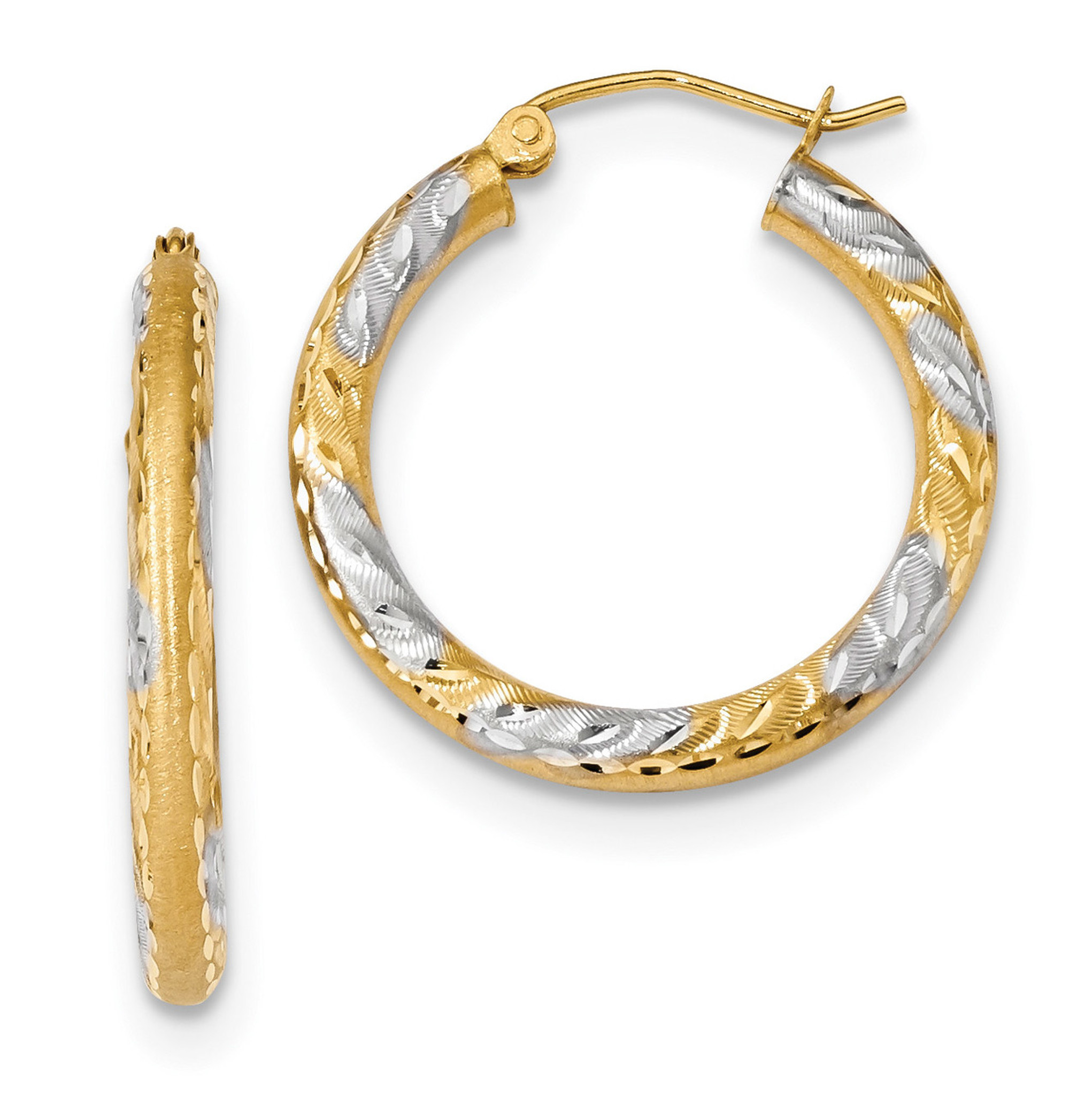 14k Gold & Rhodium Satin Diamond Cut Twisted Hoop Earrings